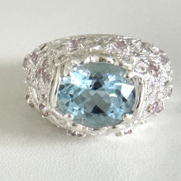David Sigal 925 Sterling Silver Genuine Blue Topaz Pink CZ Statement Ring Size 9 - Picture 1 of 13